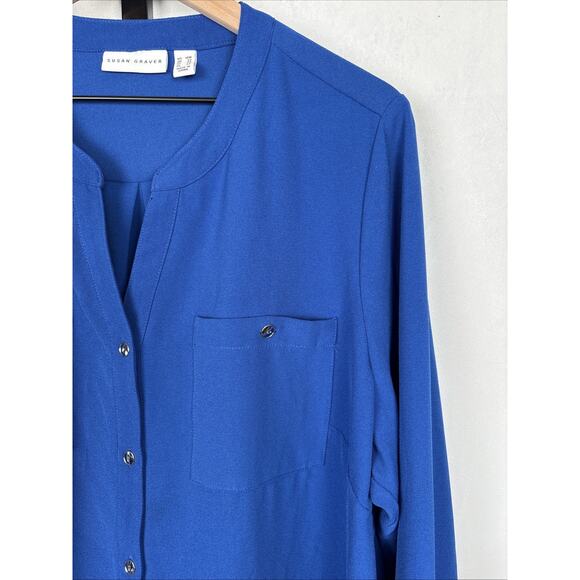 Susan Graver Button Down Blouse Women's 18W Blue Silver Buttons Stretch Roll Tab - Picture 3 of 13
